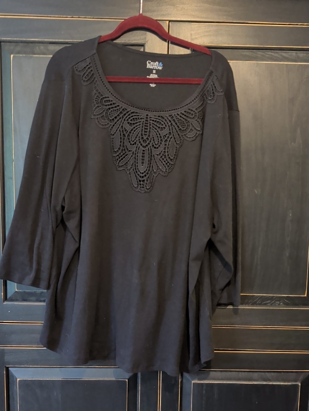 croft & barrow Black Scoop Neck Top with Crochet Bib